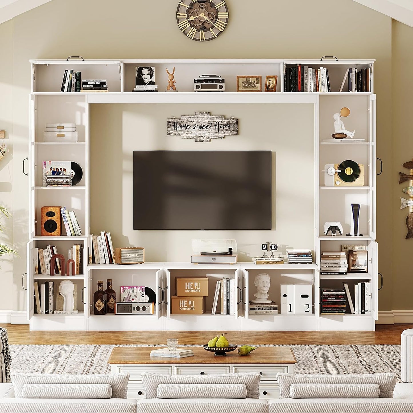 98" W Wall Unit TV Stand with Storage for Tvs up to 80", Modern TV Console with LED Lights, Entertainment Center with Bookshelves for Living Room, White