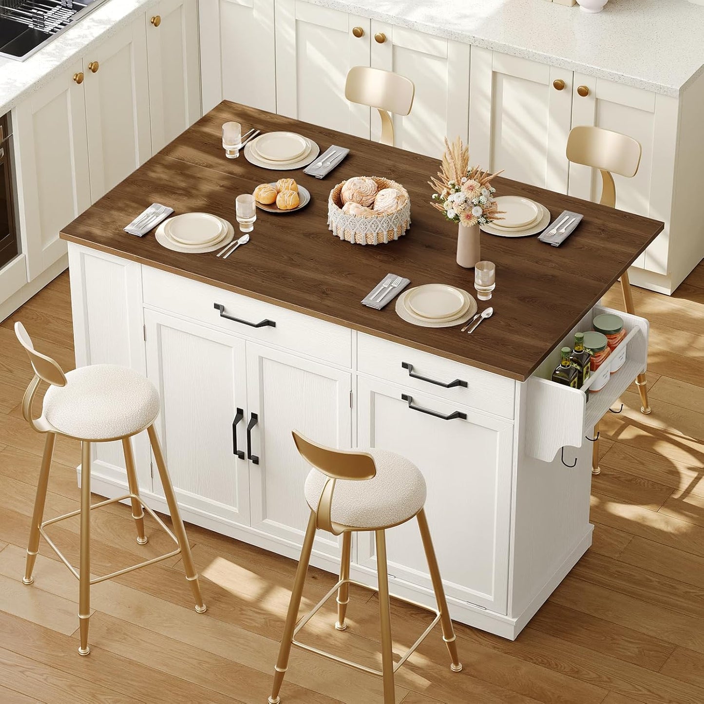 Kitchen Island with Power Outlet & Drop Leaf, Rolling Storage Cart with Trash Storage Cabinet,Farmhouse Mobile Island Table for Kitchen, Dining Room, Hidden Casters, White and Walnut