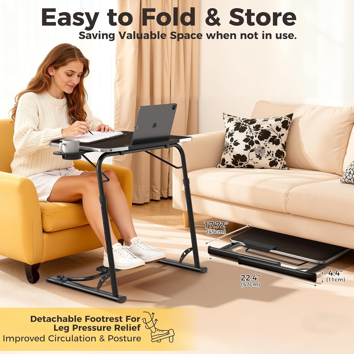 Upgraded Folding TV Tray Table - Extra Large & Sturdy Laptop Table for Couch, Height & Angle Adjustable Desk for Dinner, Work & TV - Includes Footrest, Cup Holder, Ipad Holder & Edge Stopper