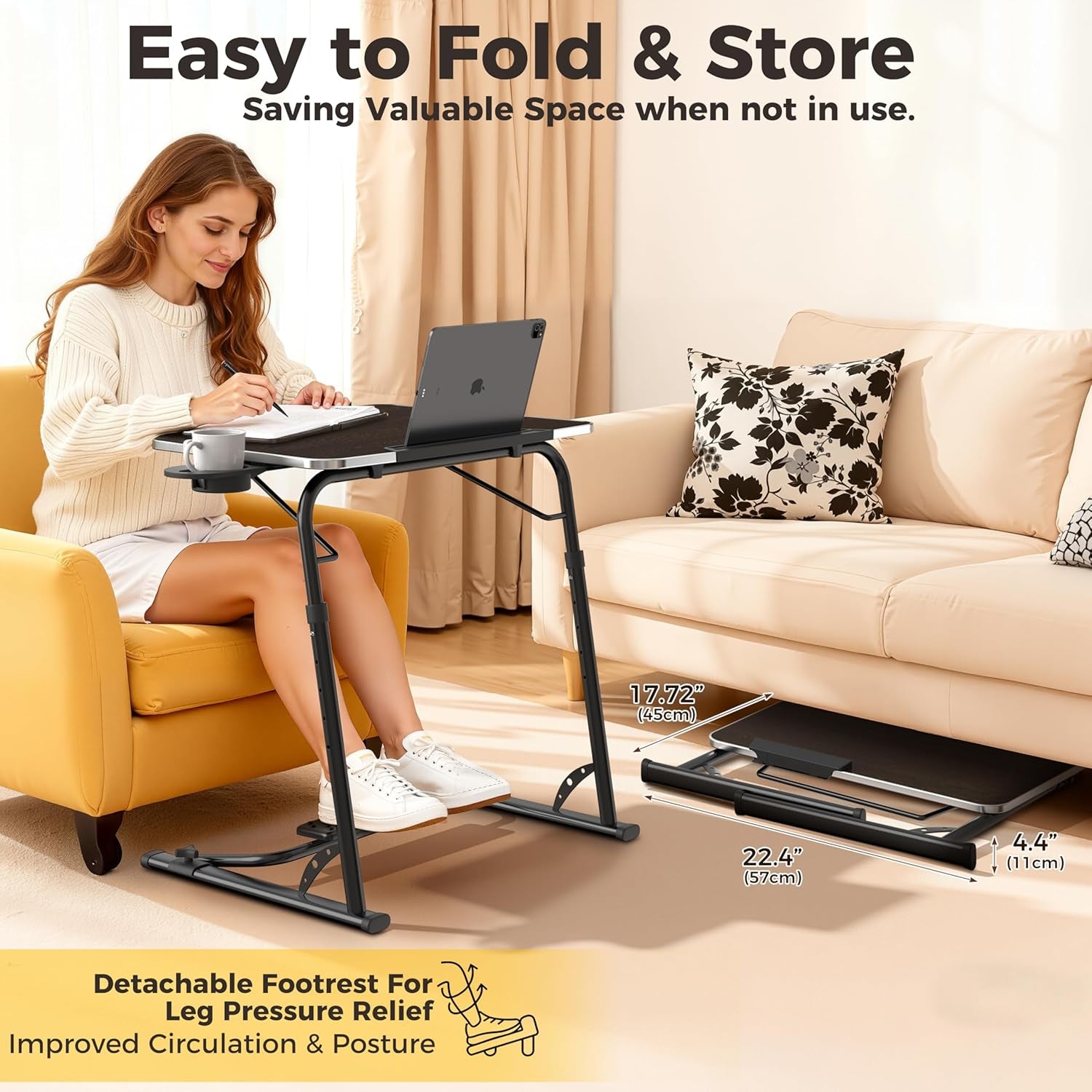 Upgraded Folding TV Tray Table - Extra Large & Sturdy Laptop Table for Couch, Height & Angle Adjustable Desk for Dinner, Work & TV - Includes Footrest, Cup Holder, Ipad Holder & Edge Stopper