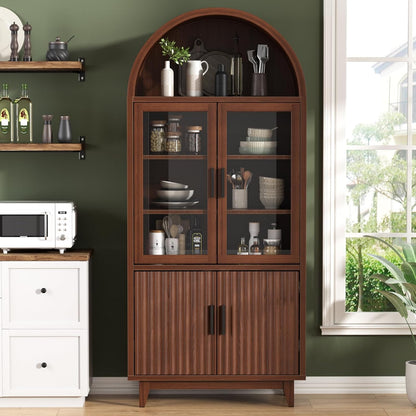 71" Tall Arched Cabinet with Glass Doors, Fluted Pantry Cabinet with Solid Wood Legs, Modern Accent Furniture for Living Room, Kitchen, Dining Room, Entryway, Walnut