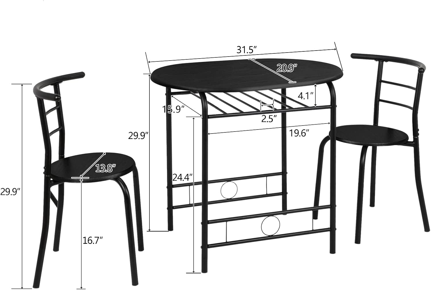 3 Piece Dining Set,Small Kitchen Table Set for 2,Breakfast Table Set,Kitchen Wooden Table and 2 Chairs for Small Space/Dining Room/Apartment,Metal Frame,Wine Rack,Black
