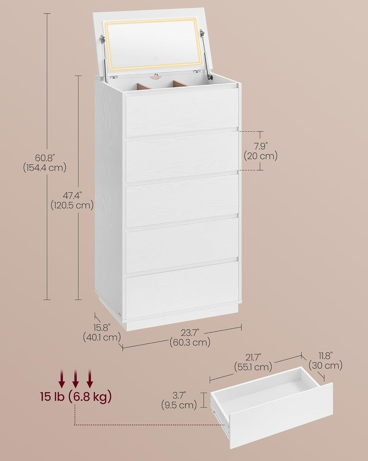 5-Drawer Dresser with Mirror and Lights for Bedroom, Chest of Drawers, Storage Tower Unit, for Closet, Living Room, Entryway, Modern Minimalist Style, Snow White ULTS615W01
