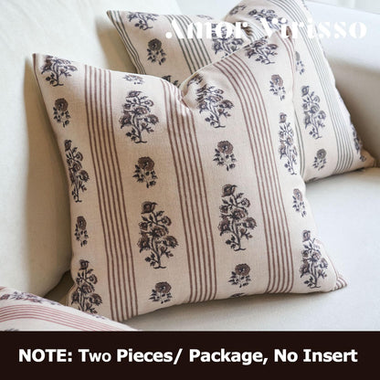 Floral Throw Pillow Covers 18X18 Set of 2 Block Print Pillow Covers Neutral Floral Striped Farmhouse Decorative Pillow Covers for Sofa Couch Bed, Brown