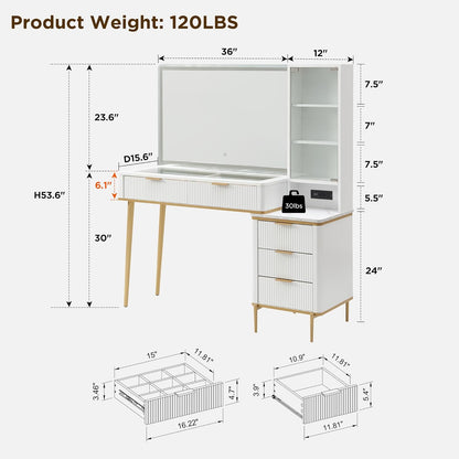 Fluted Makeup Vanity Desk with 36" HD Lighted Mirror, 48" Big Modern Vanity Desk with Mirror and Lights, Dressing Table with 5 Drawers & Shelves, Glass Top for Bedroom (Off White)