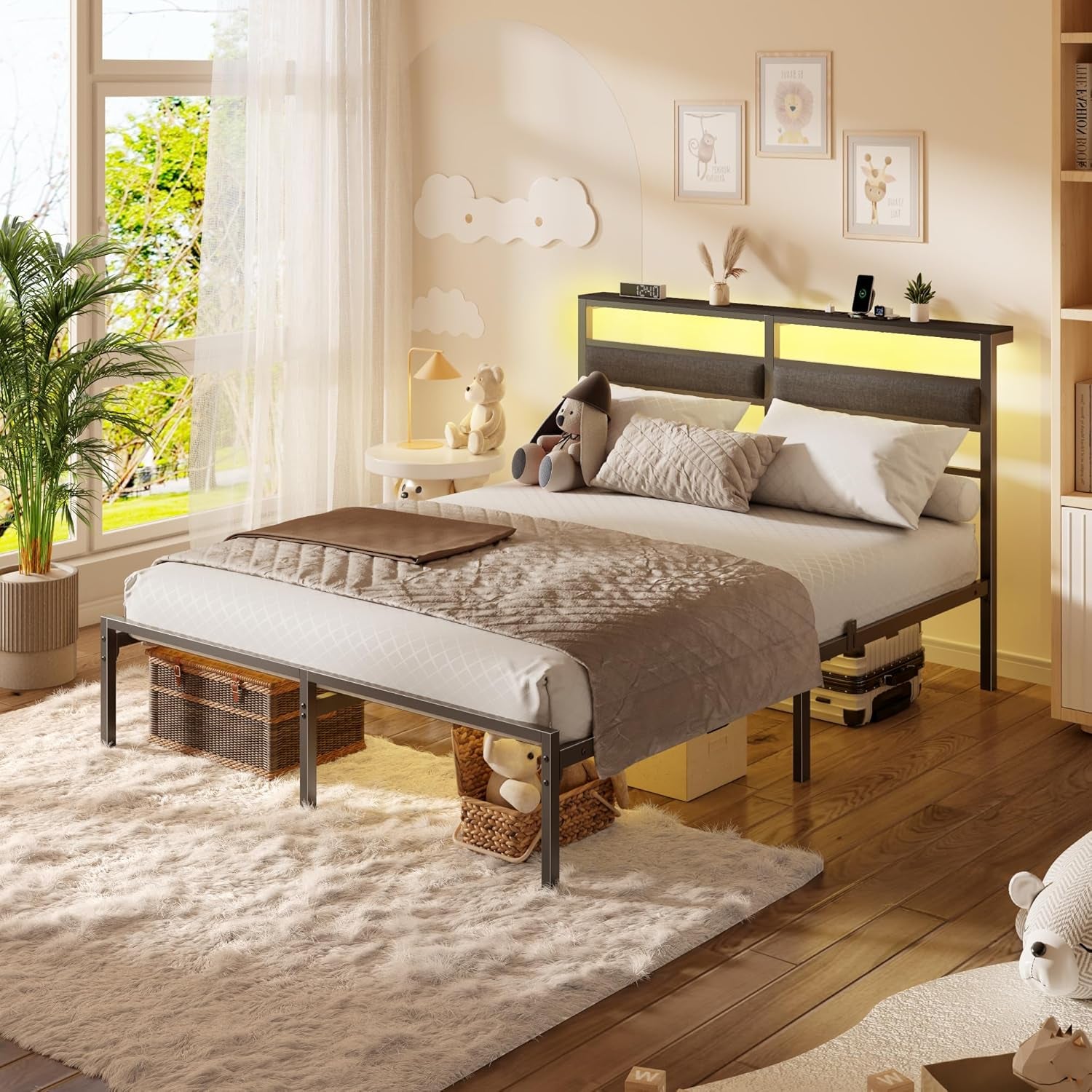 Full Size Bed Frame with Headboard, Bed Frame Full Size with LED Light and Charging Station, Black Metal Platform Bedframe and Storage Shelf, No Box Spring Needed, Noise Free