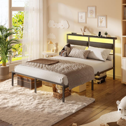 Full Size Bed Frame with Headboard, Bed Frame Full Size with LED Light and Charging Station, Black Metal Platform Bedframe and Storage Shelf, No Box Spring Needed, Noise Free