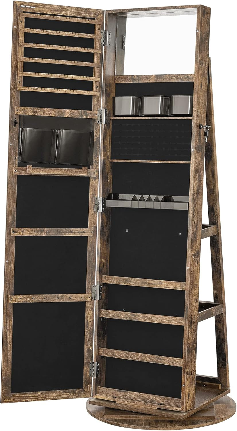 360° Swivel Jewelry Cabinet, Lockable Jewelry Organizer with Full-Length Mirror, Rear Storage Shelves, Interior Mirror, Jewelry Armoire, Gift Idea, Rustic Brown UJJC006X01