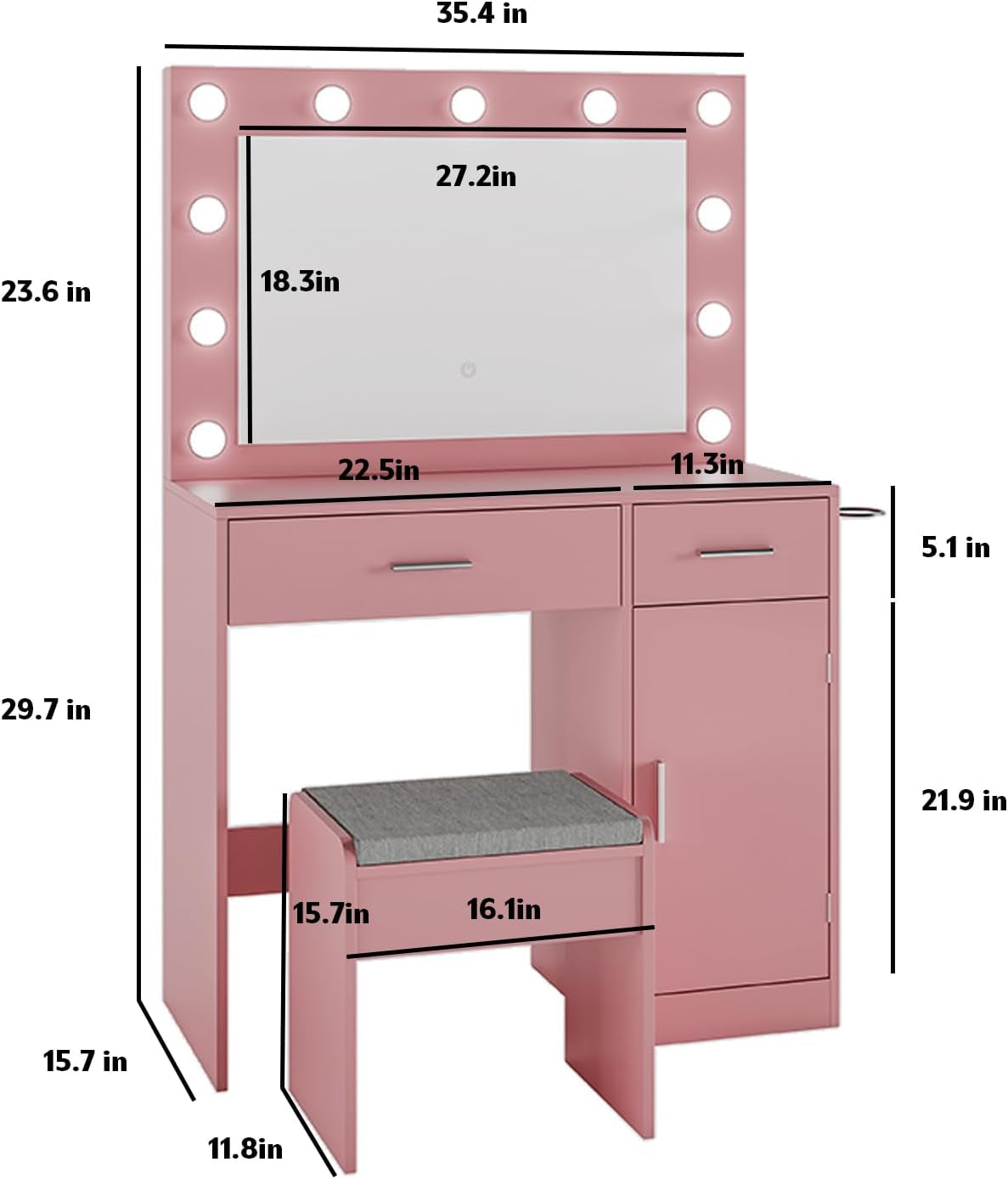 Vanity, Vanity Desk with Mirror, Large Drawer and Power Socket with 11 Light Bulbs and 3 Adjustable Lighting Modes, Vanity Table Ideal for Bedroom (Pink)