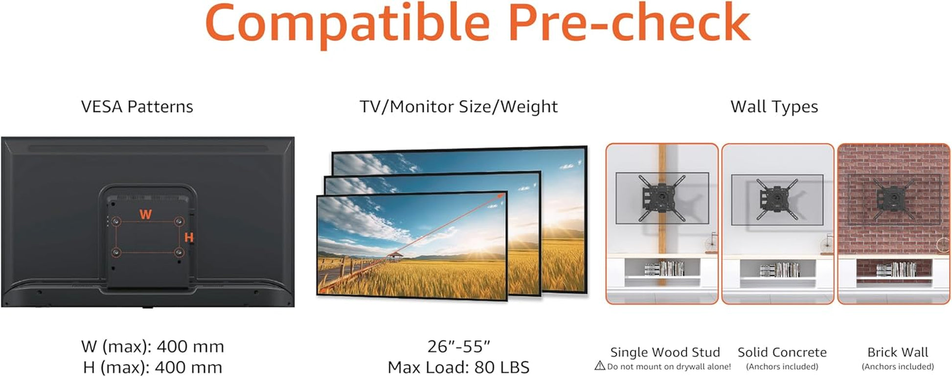 Full Motion Articulating TV Wall Mount, with Swivel and Tilt, for 26" to 55" Tvs and Flat Panels up to 80 Lbs, VESA Compatible, Black