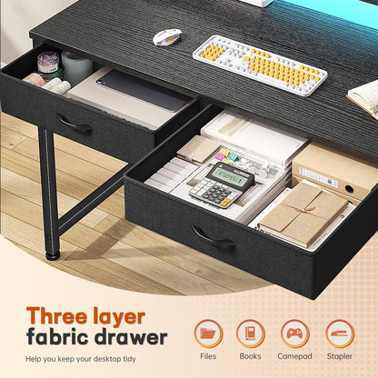 31.5Inch Office Computer Desk with LED Lights & 2 Fabric Drawers, Gaming Desk with Side Pocket & Ergonomic Monitor Stand, Small Space Study Writing Table with Anti-Tip Design,Black