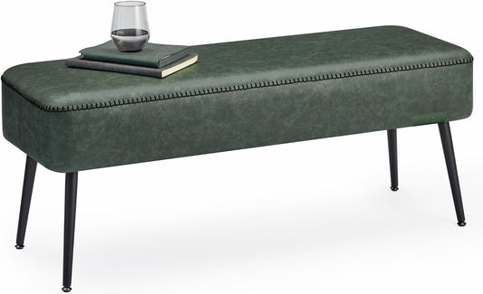 EKHO Collection - Bench for Entryway Bedroom, Synthetic Leather with Stitching, Ottoman Bench with Steel Legs, Living Dining Room, Mid-Century Modern, Loads 660 Lb, Forest Green ULOM076C01