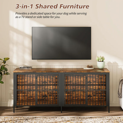 80" Heavy Duty Dog Crate Furniture with Rustic Wood Top - 3-In-1 Large Indoor Dog Kennel End Table & TV Stand, Double Door Pet House for Medium/Large Dogs (Up to 150Lbs), Easy Assembly