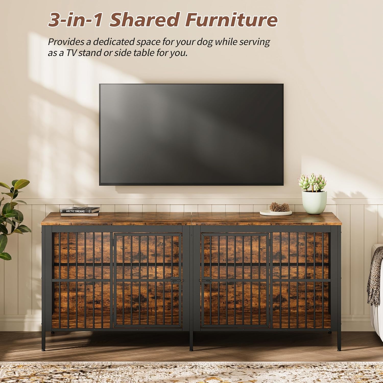 80" Dog Crate End Table, Heavy Duty 2-Door Dog Crate Furniture with Double Compartments, Large Dog Kennel Indoor for Living Room, Multipurpose Dog House as TV Stand or Side Table, Rustic Brown