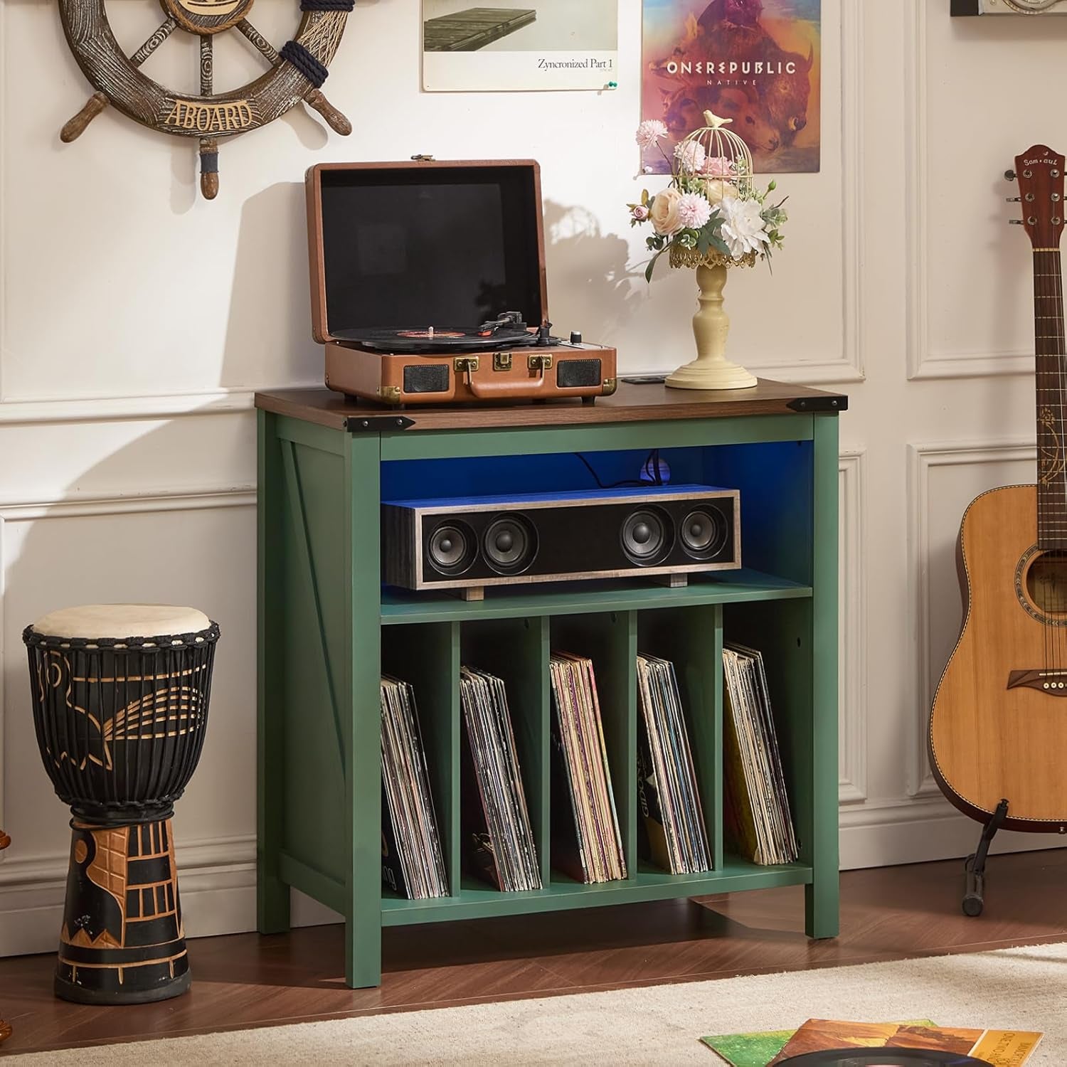 Large Record Player Stand with Charging Station & LED Lights, Black Vinyl Record Storage Holder Holds up to 230 Albums, Turntable Stand with Display Shelf for Music Room Bedroom Living Room.
