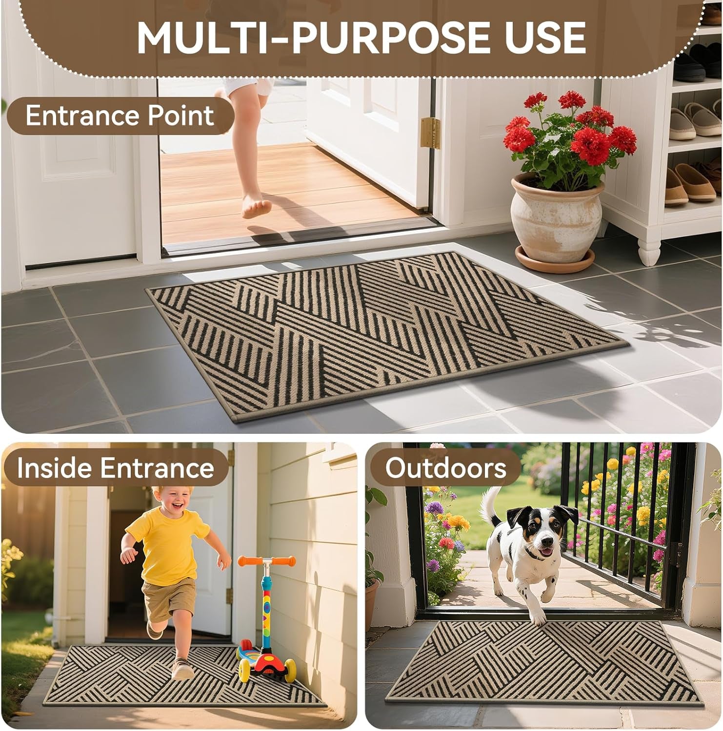 Front Door Mat outside Entrance, Non Slip Rubber Backing, Trap Dirt and Moisture, Easy Clean Low Profile Welcome Floor Mats for Patio Porch Indoor Outdoor Entry Mat, 17X30 Inch, Brown