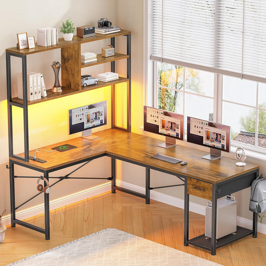 L Shaped Gaming Desk, 51.2" Reversible Small Corner Desk with Drawer, Power Outlet & LED Lights, Computer Desk with Storage Shelves for Small Space, Black