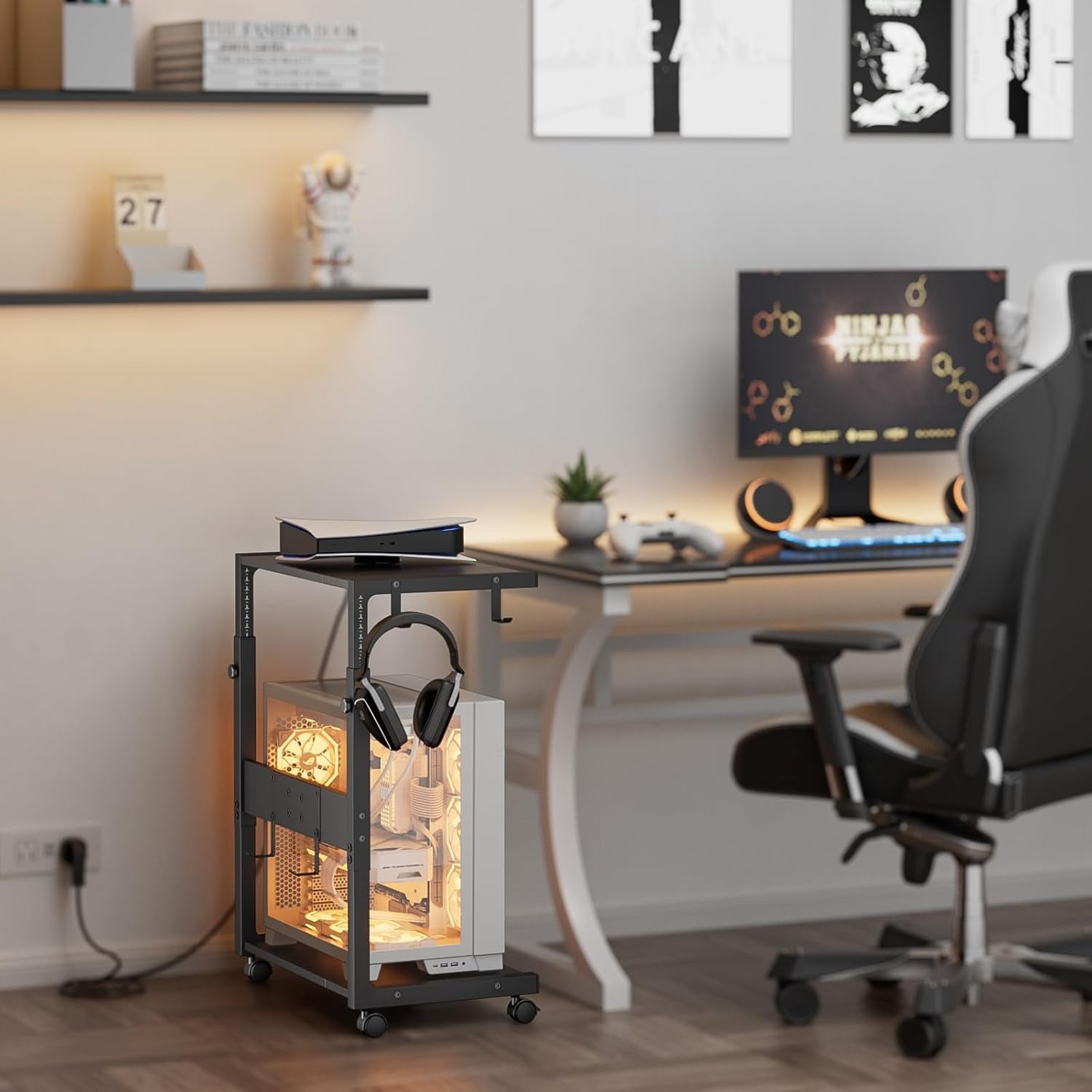 Computer Tower Stand - Adjustable PC Tower Stand CPU Holder Cart with Charging Station for Office Home Classroom,23.03"-28.3" H, Black