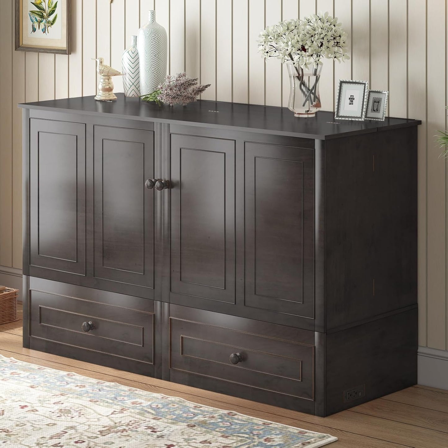 63" Width Queen Size Murphy Bed Cabinet with USB Charging Station, Modern Murphy Cabinet Beds with Drawers & Tri-Folding Mattress, Chest Cabinets Wall Beds for Home Apartment, Dark Grey