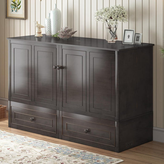 63" Width Queen Size Murphy Bed Cabinet with USB Charging Station, Modern Murphy Cabinet Beds with Drawers & Tri-Folding Mattress, Chest Cabinets Wall Beds for Home Apartment, Dark Grey