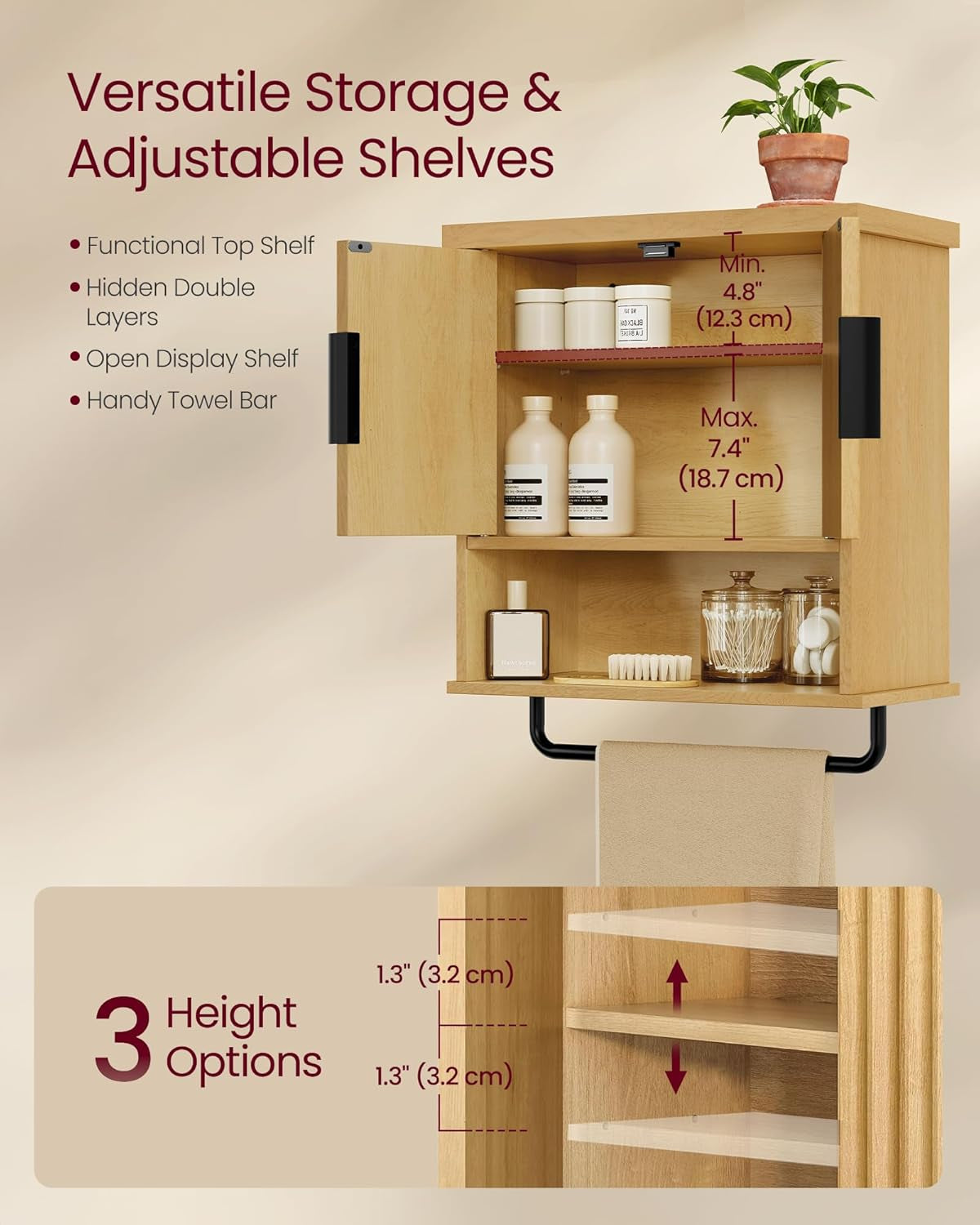 MAXE Collection - Bathroom Cabinet Wall Mounted, over Toilet Hanging Cabinet with Adjustable Shelf, Towel Bar, Fluted Doors, 7.9 X 17.7 X 24 Inches, Transitional, Oak Beige UBBK137Y01S