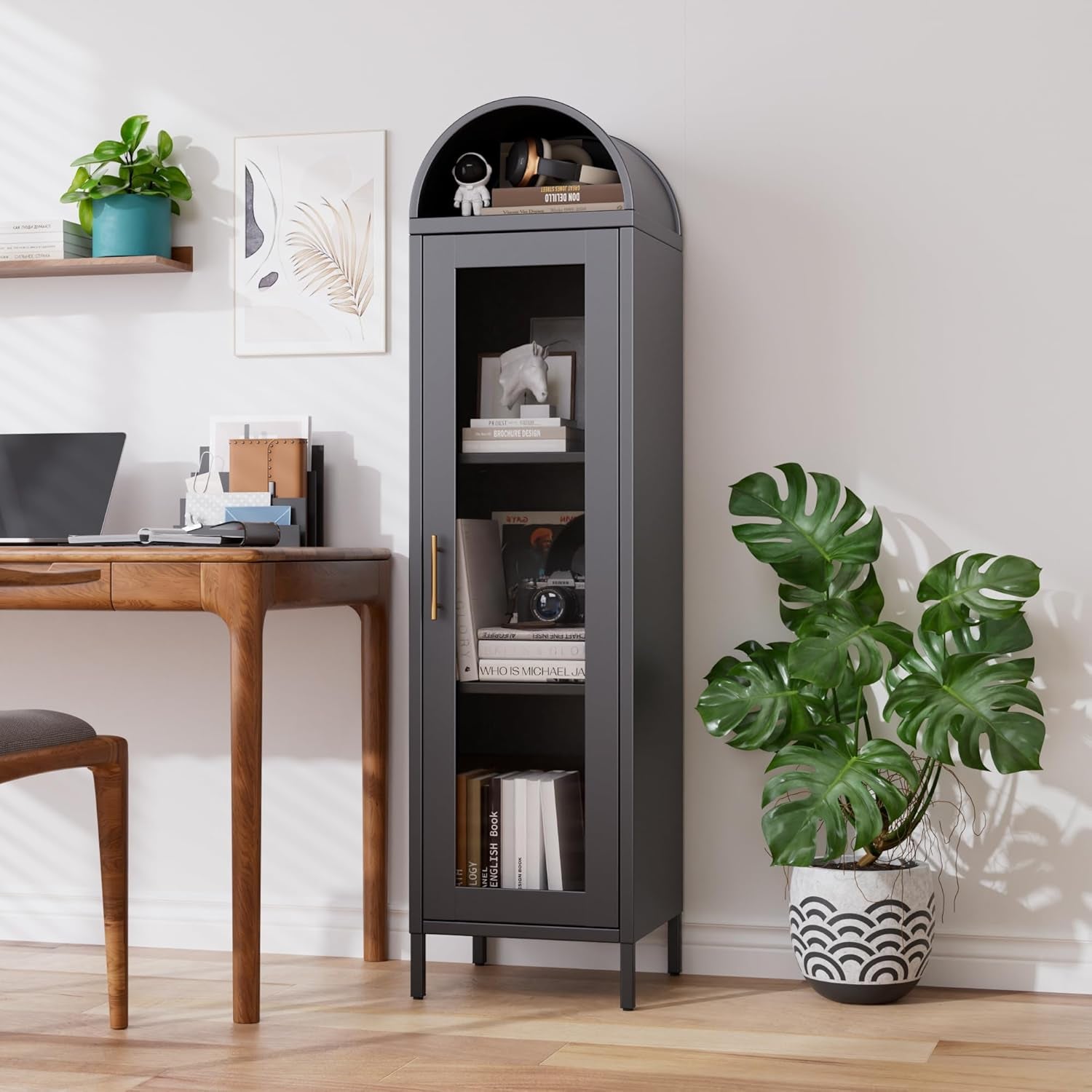 Metal Arched Display Cabinet,Arched Cabinet with Glass Doors,Assembly Required,Black