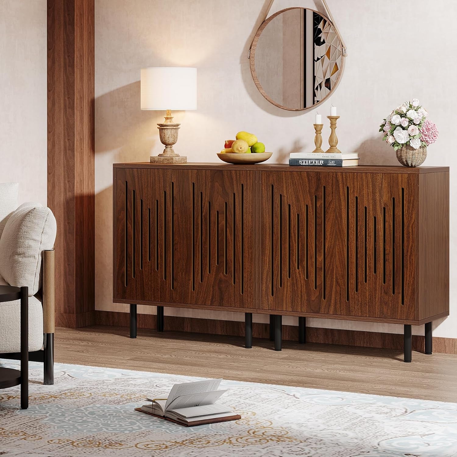 Set of 2 Sideboard Buffet with Storage, 59" Buffet Sideboard Cabinet with Adjustable Shelves, Accent Storage Cabinet for Living Room, Dark Brown