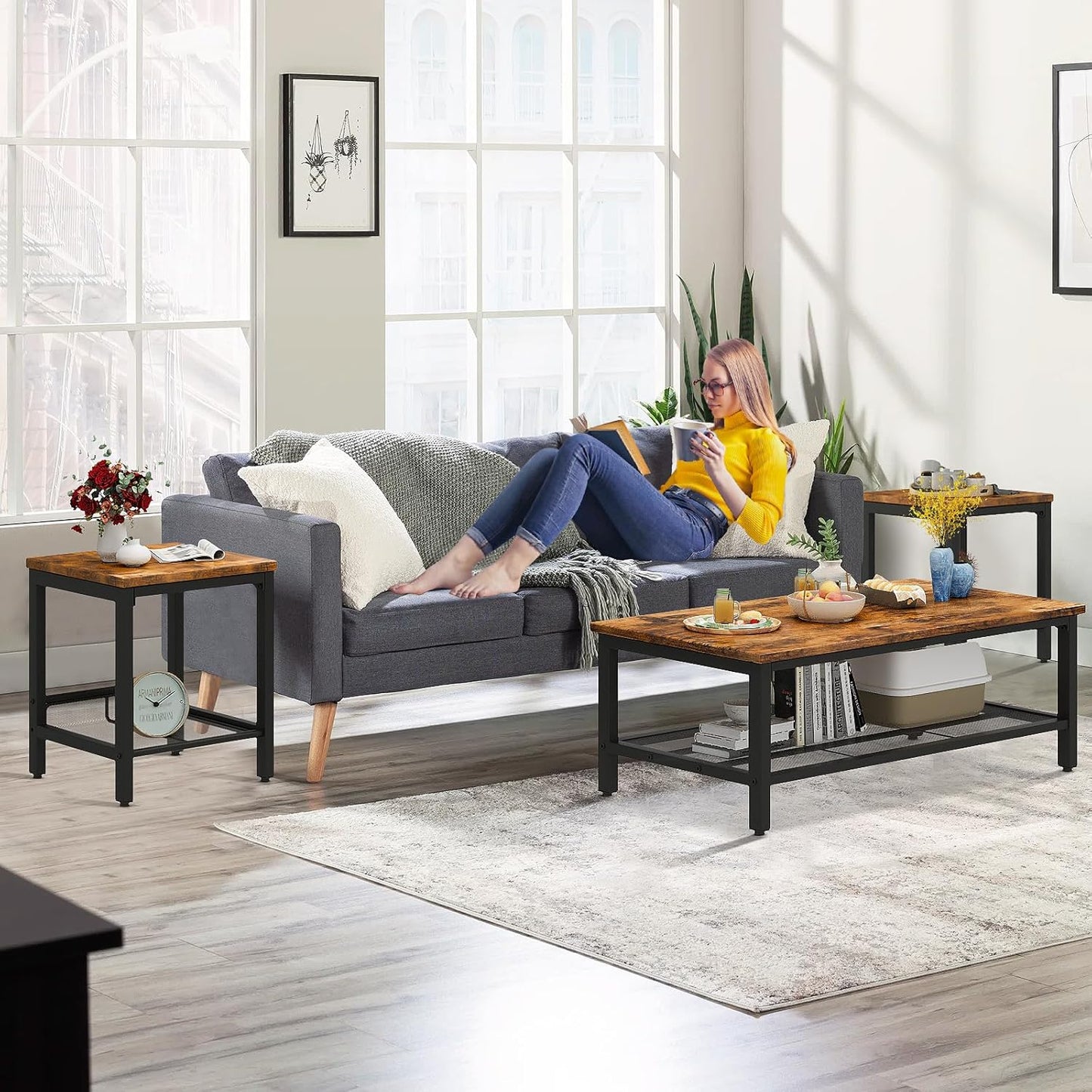 Coffee Table Set of 3, Vintage Wood Coffee Table & 2 End Tables, Square Tabletop Modern Industrial Living Room 3-Piece Set for Apartment Home Office, Rustic Brown