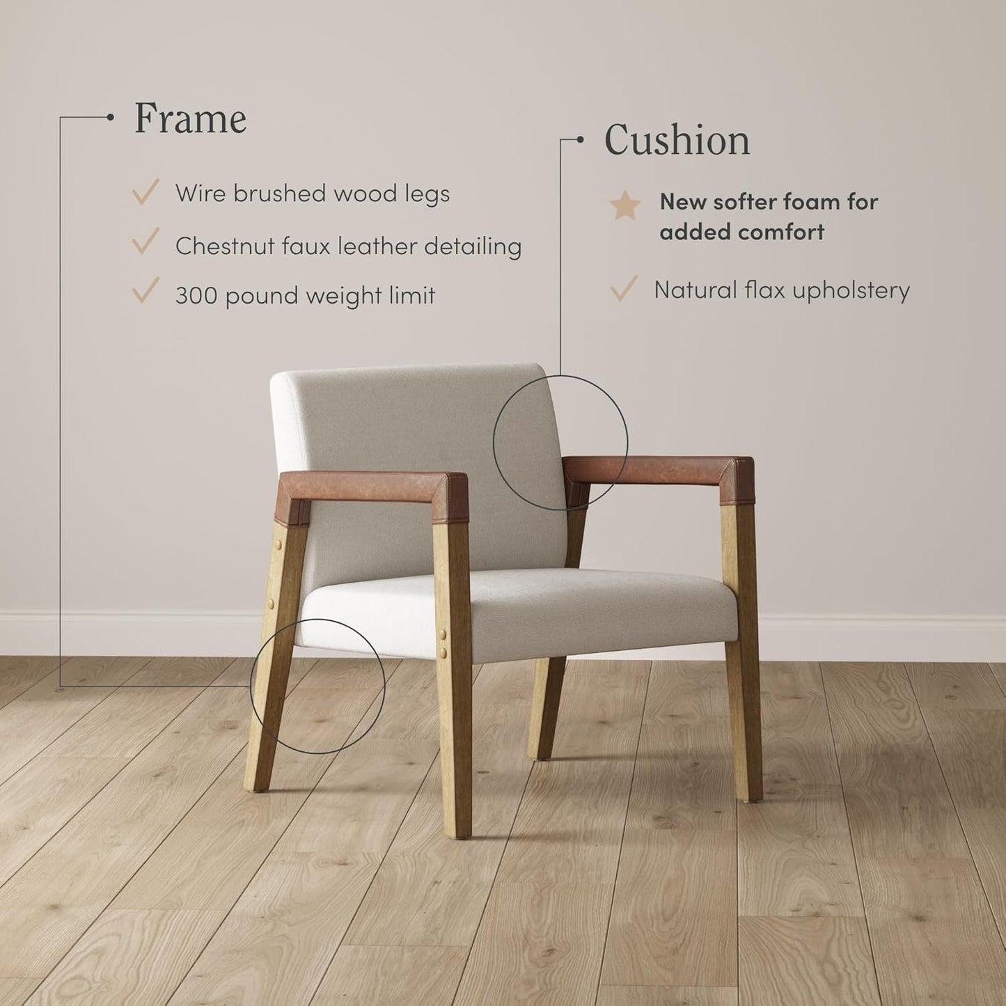 Hudson Accent Living Room Chair, Comfy Reading Bedroom Chair, Mid-Century Wood Armchair, Upholstered Fabric and Leather Armrest