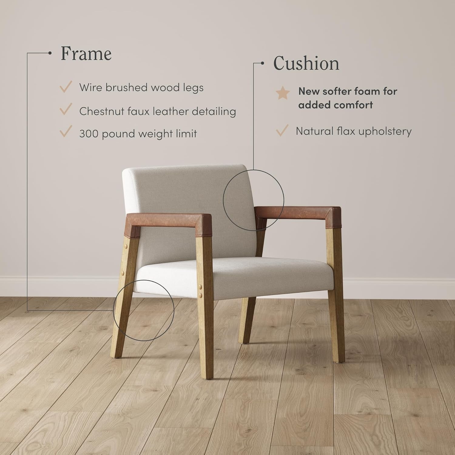 Hudson Accent Living Room Chair, Comfy Reading Bedroom Chair, Mid-Century Wood Armchair, Upholstered Fabric and Leather Armrest