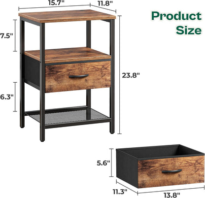 Nightstand Set of 2, Night Stand with Fabric Drawer, Mesh Shelf, Side Table with Storage, Fabric Drawer Dresser, Open Shelf, Metal Frame, Bedroom, Rustic Brown