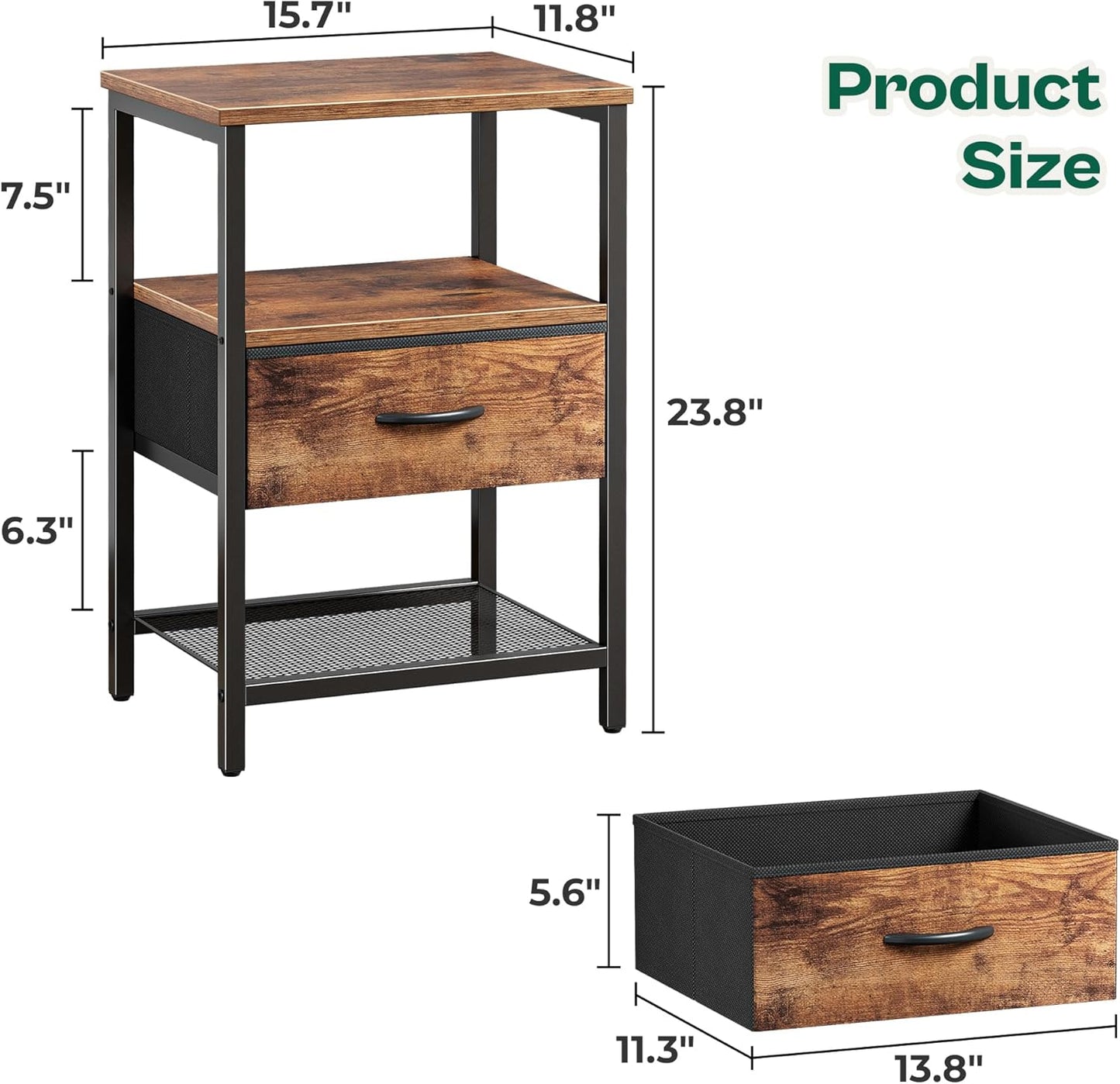 Nightstand Set of 2, Night Stand with Fabric Drawer, Mesh Shelf, Side Table with Storage, Fabric Drawer Dresser, Open Shelf, Metal Frame, Bedroom, Rustic Brown