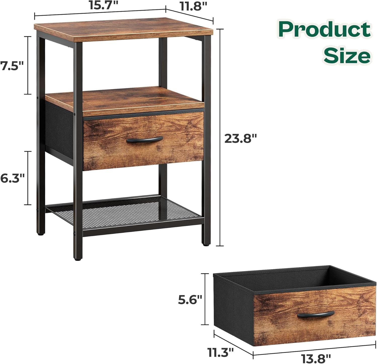 Nightstand Set of 2, Night Stand with Fabric Drawer, Mesh Shelf, Side Table with Storage, Fabric Drawer Dresser, Open Shelf, Metal Frame, Bedroom, Rustic Brown