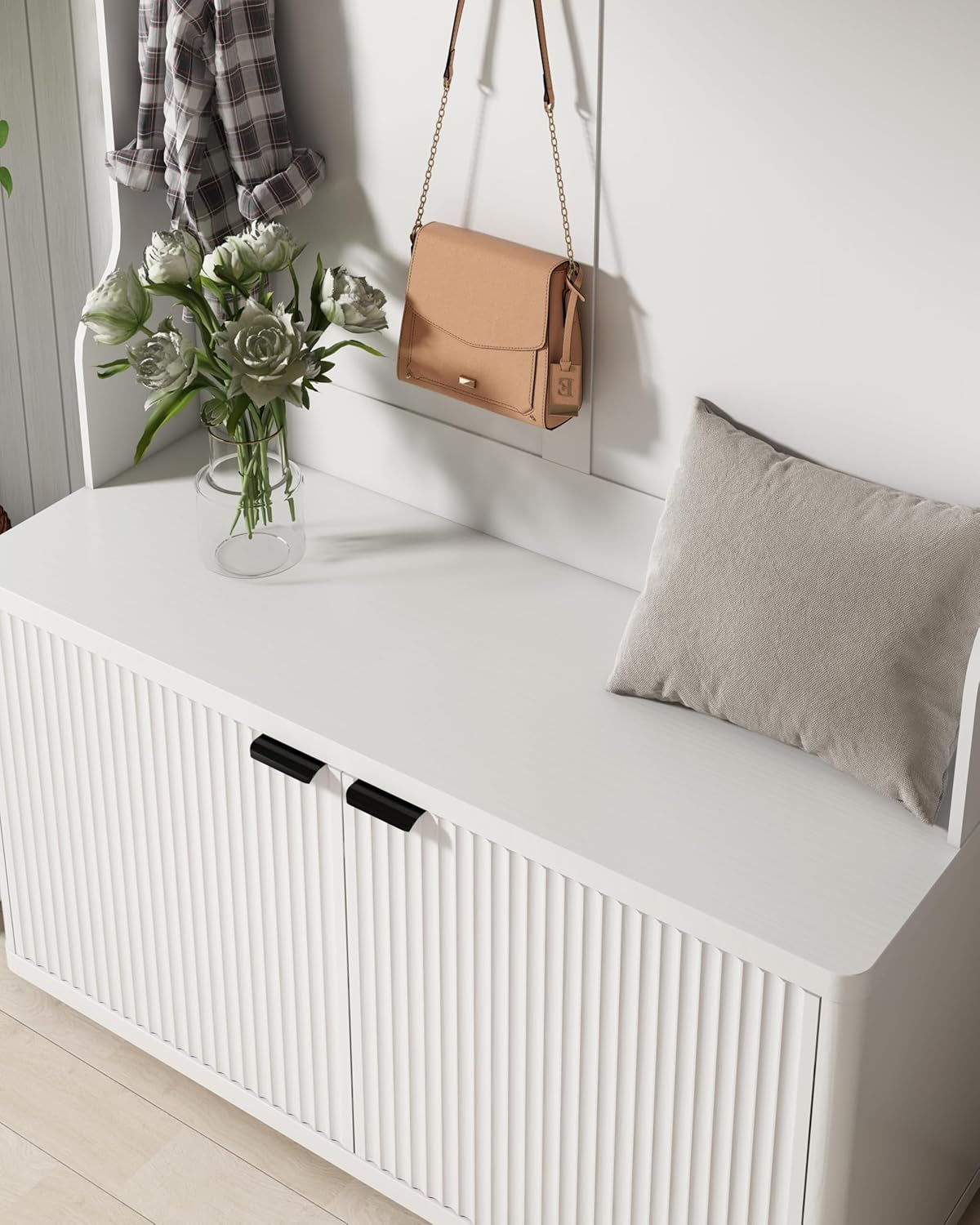 Hall Tree with Bench and Shoe Storage,42.5" W Morden Fluted Entryway Coat Rack with Shoe Bench Cabinet, Entryway Furniture, White Multi-Purpose Home Organizer,6 Coat Hooks