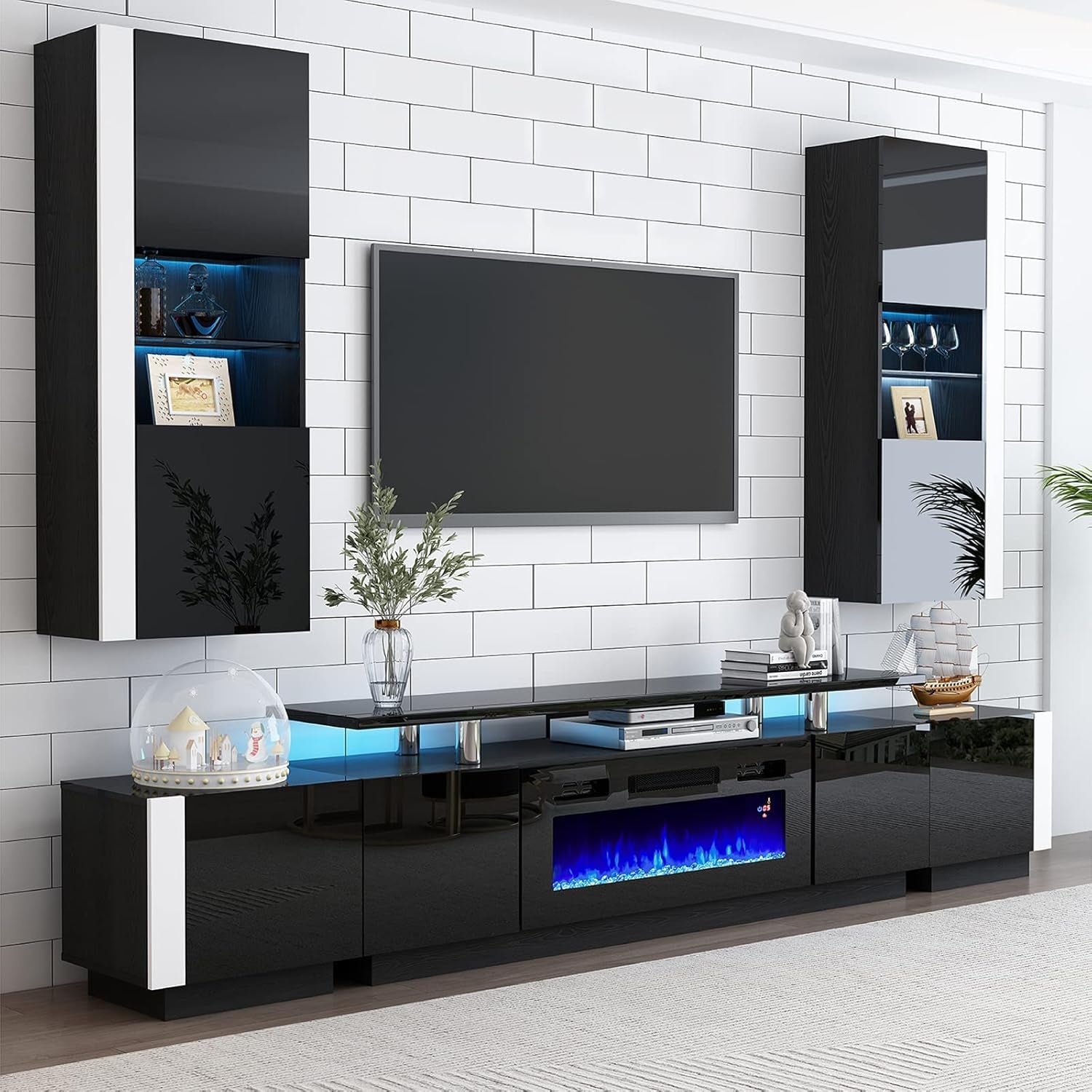 110" Large Fireplace TV Stand Set with 36" Electric Fireplace, Includes 70" 2-Tier Fireplace TV Stand, 2 X End Tables, Modern High Gloss TV Console with LED Light for Living Room, Black