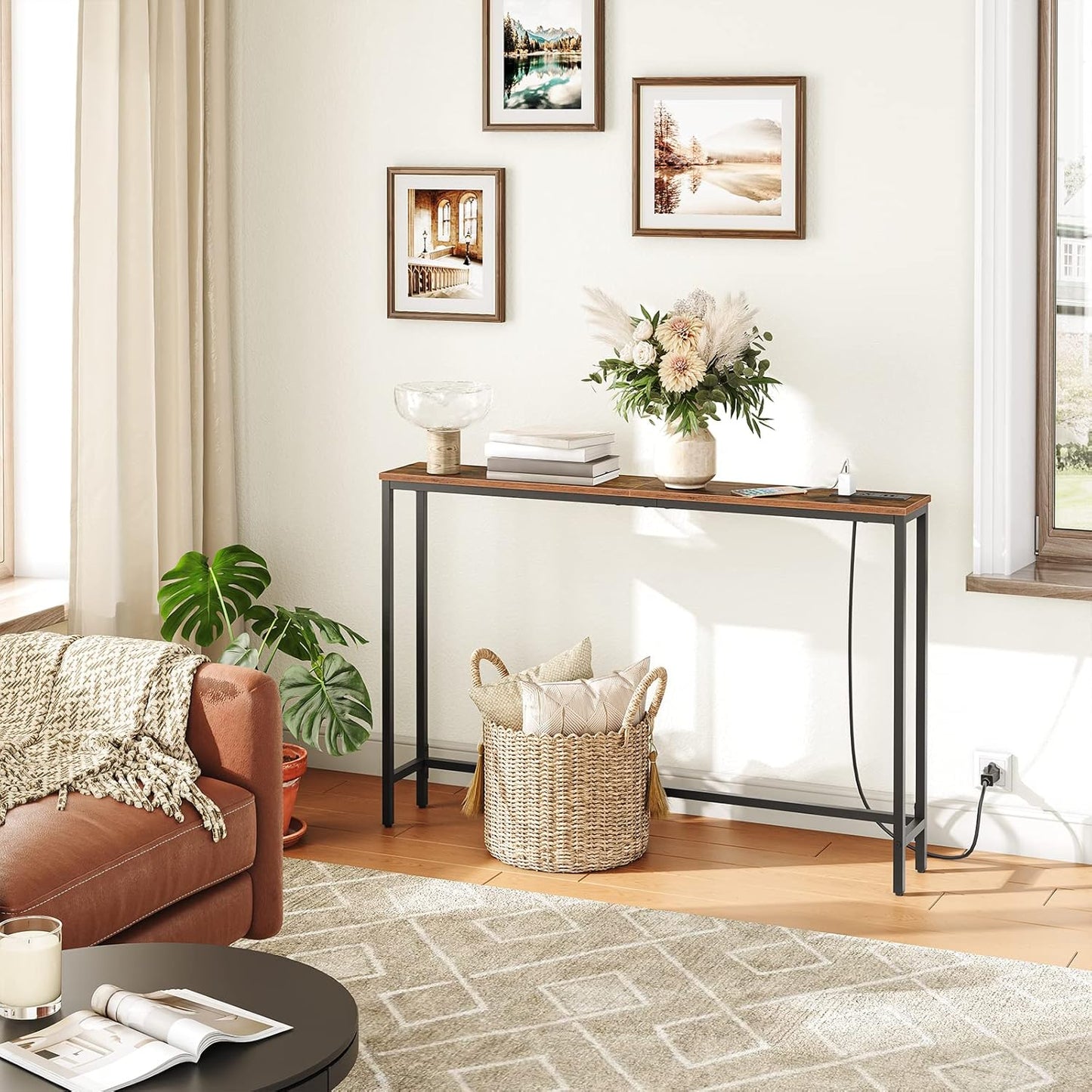 47.2" Narrow Console Table with Power Outlet, 5.9" behind Couch Table with Charging Station, Long Sofa Side Table, Skinny Entryway Table for Living Room, Hallway, Foyer, Rustic Brown BF15XG01G1