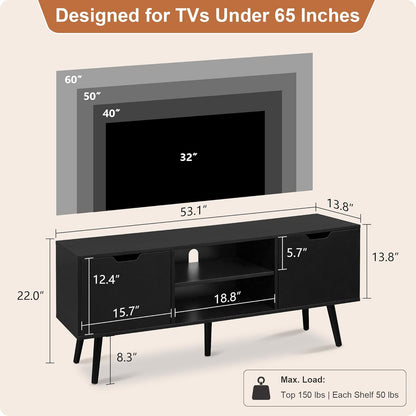 Black TV Stand for 50 55 60+ Inch Tvs - Media Console with 2 Cabinets & Open Shelves, Solid Wood Legs - TV Consoles for Living Room - 22" H Entertainment Center for Bedroom
