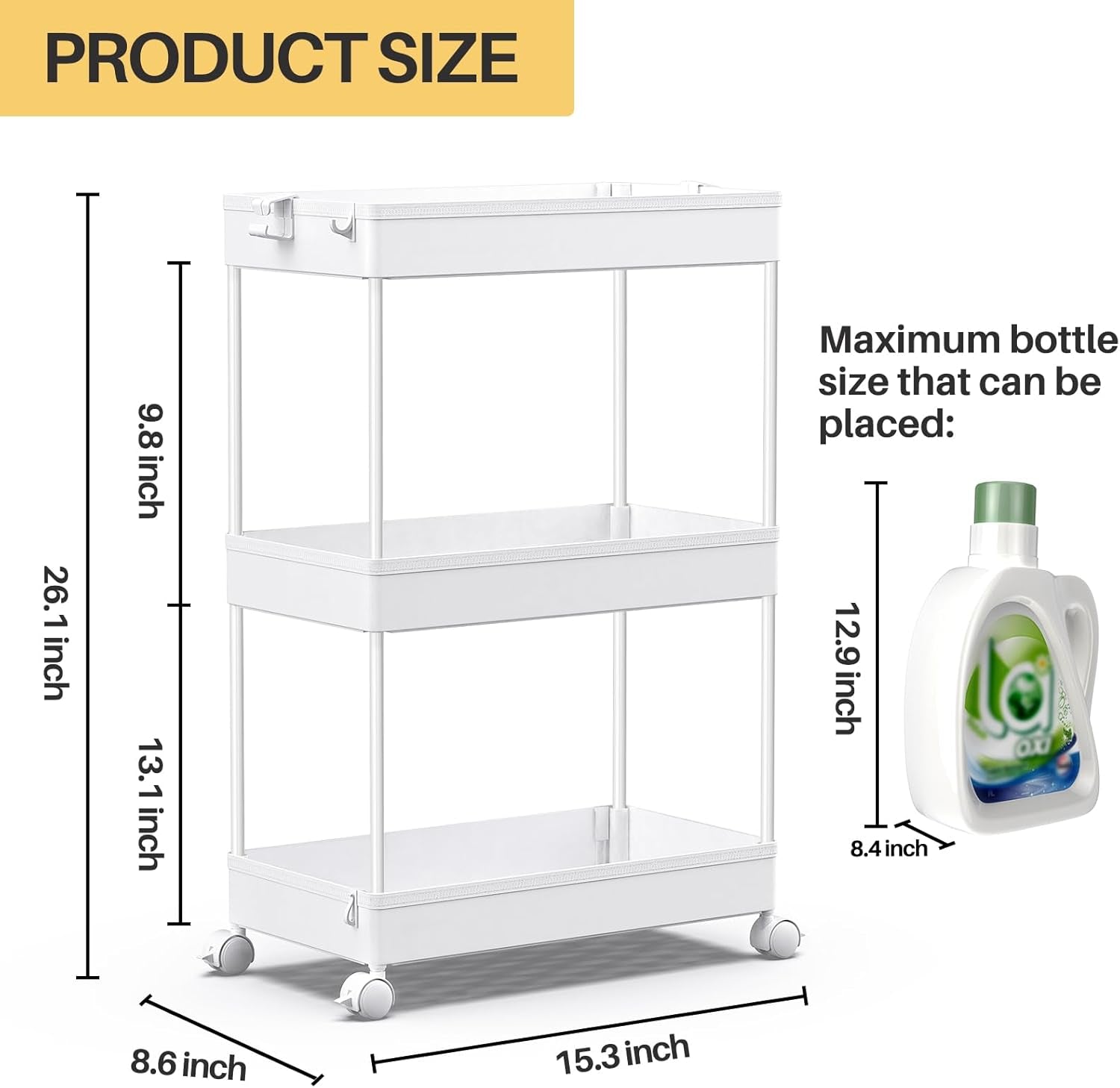 Storage Rolling Cart, 3 Tier Laundry Room Organization Utility Cart Bathroom Organizer Mobile Shelving Unit Shelves Multi-Functional Trolley, White