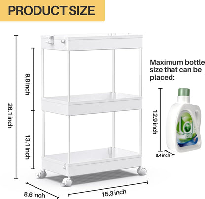 Storage Rolling Cart, 3 Tier Laundry Room Organization Utility Cart Bathroom Organizer Mobile Shelving Unit Shelves Multi-Functional Trolley, White