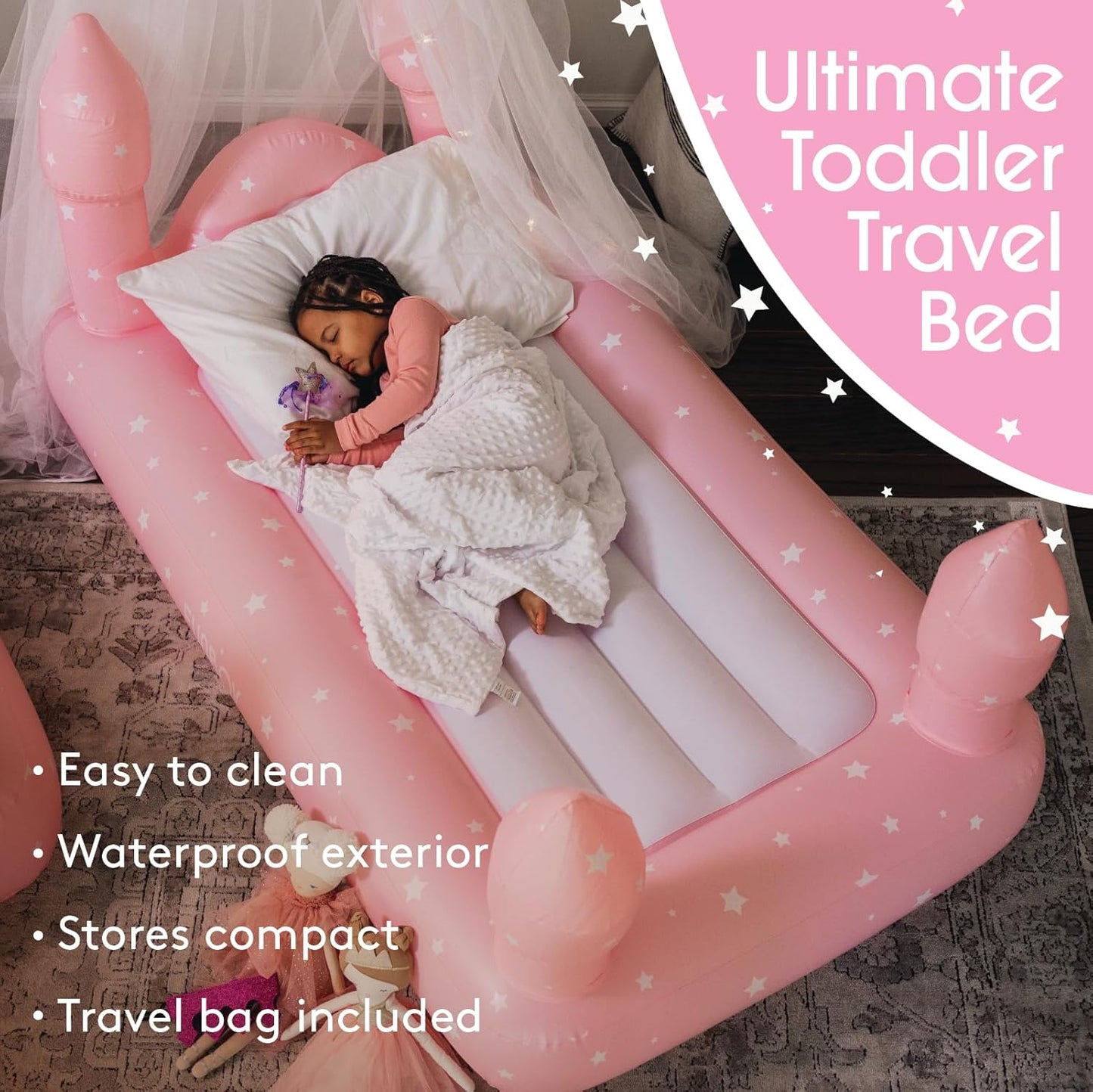 Kids Pink Castle Sleepover Travel Bed & Air Mattress. Perfect for Sleepovers. Includes Carrying Storage Bag, Twin