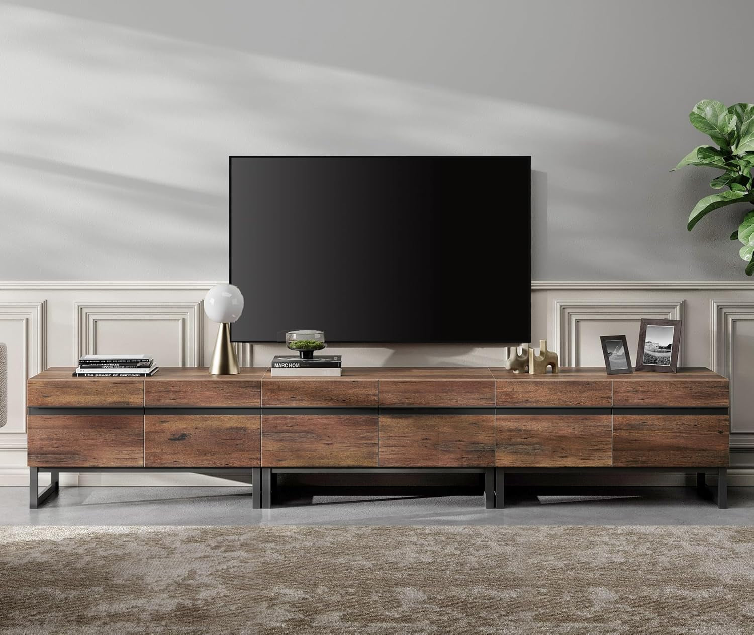 Modern TV Stand with Storage Cabinets for 110 Inch TV, Wood Entertainment Center Media Console Table with Metal Leg for Living Room Bedroom, Brown