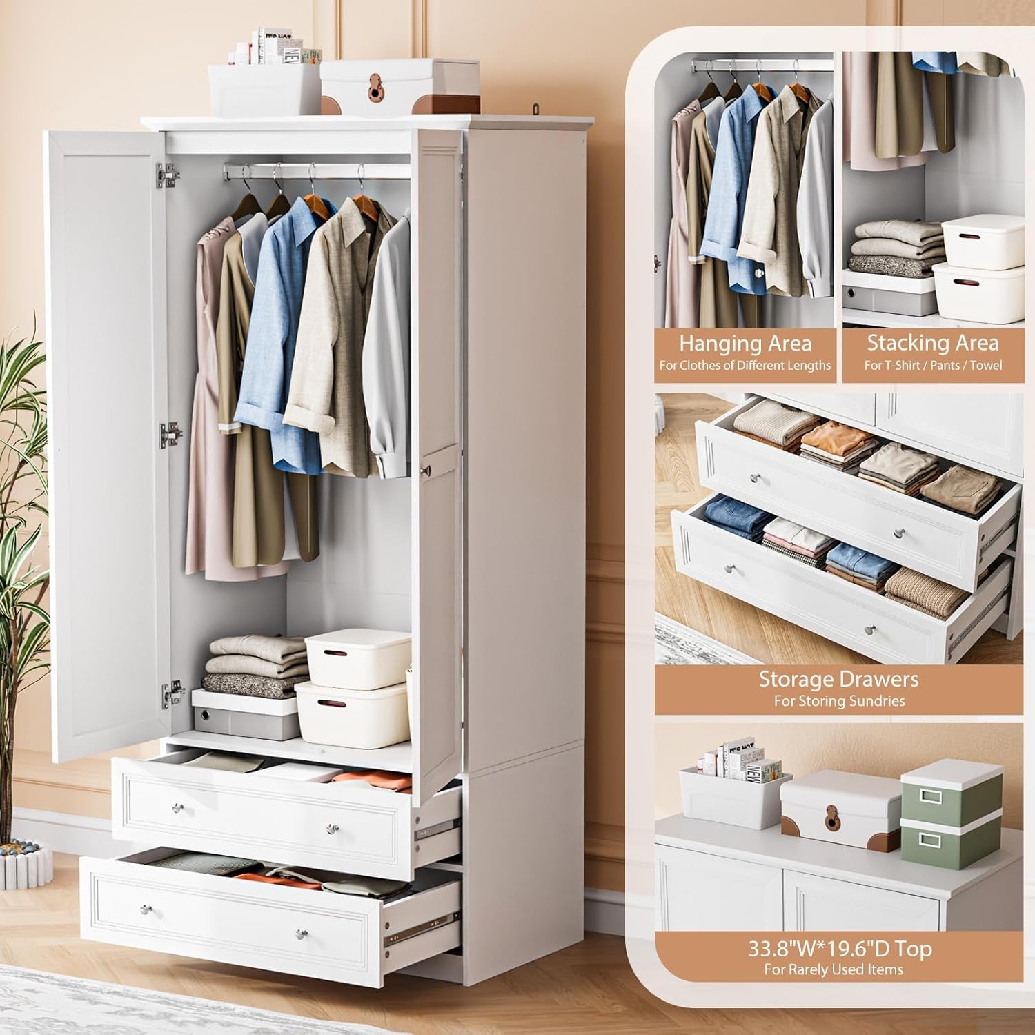 Wardrobe Closet with 2 Doors and 2 Drawers, 72" H Wardrobe Cabinet Closet, Freestanding Clothing Storage Cabinet, Wooden White Bedroom Armoire, Combination for Hanging Clothes