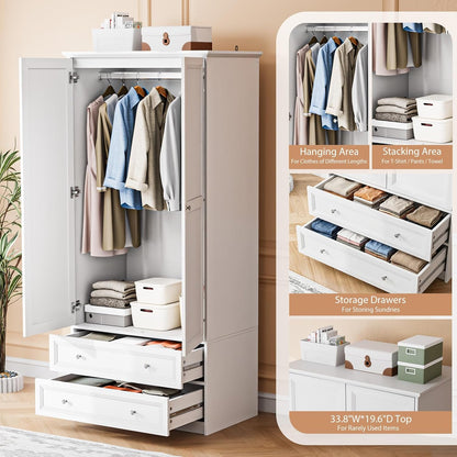 Wardrobe Closet with 2 Doors and 2 Drawers, 72" H Wardrobe Cabinet Closet, Freestanding Clothing Storage Cabinet, Wooden White Bedroom Armoire, Combination for Hanging Clothes