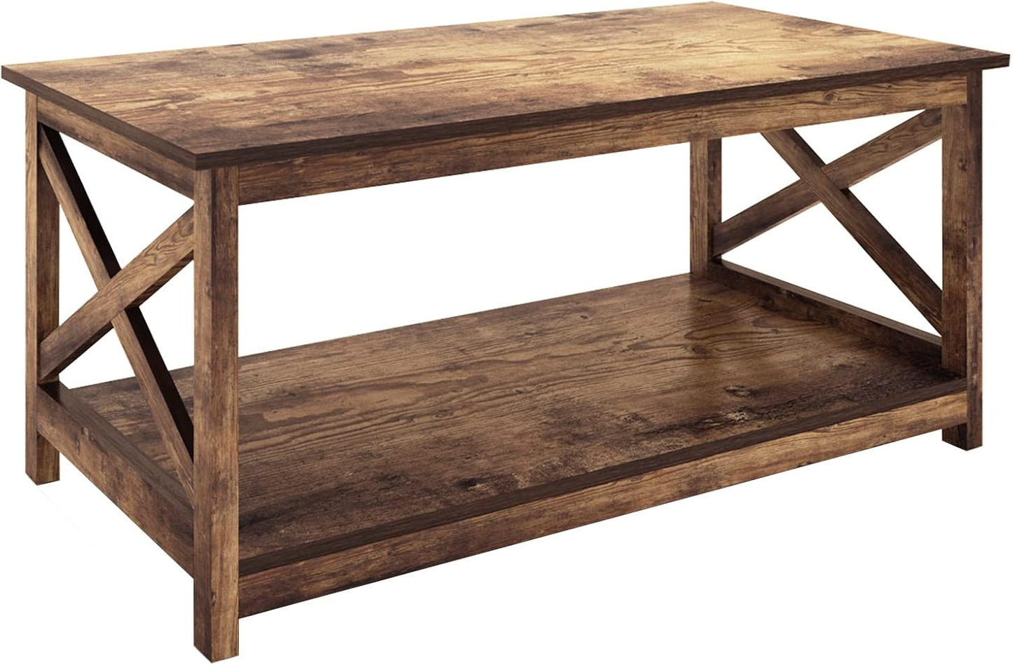 Coffee Table, Modern Farmhouse Wood Coffee Table with 2-Tier Storage, 40 Inch, Rustic