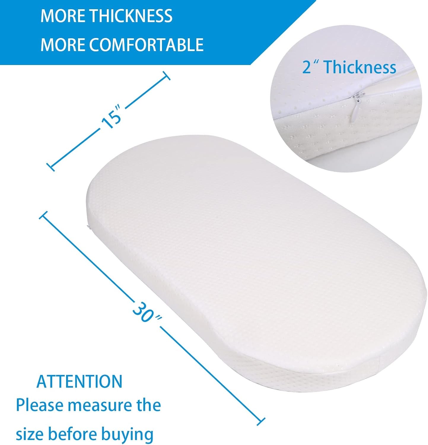 Baby Bassinet Mattress, 100% Breathable Cover, Water-Resistant Lining, Oval 30"X15"X2" Fit for Safety 1St/ Delta Children Slumber/Baby Delight Go with Me Slumber Rockin and Moses Basket