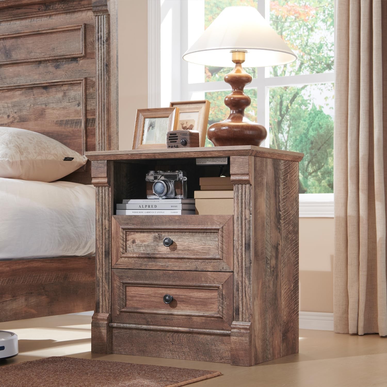 26" Tall Nightstand with Charging Station, Farmhouse 23.6" Wide Large End Table W/Roman Column, Wood Rustic Side Table W/Open Shelf, 2 Drawers Dresser for Bedroom, Living Room, Light Brown
