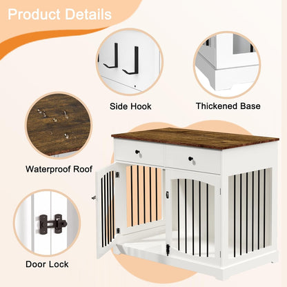 40 Inch Dog Crate Furniture-Farmhouse Dog Kennel with Drawers-End Table Wooden Pet Crate, Double Door Design, Decorative Dog House Indoor for Small Medium Large Dog, White