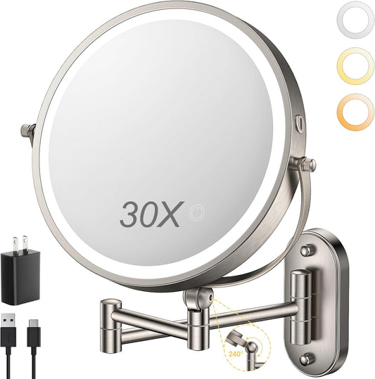 9" Wall Mounted Lighted Makeup Mirror,4000Mah Rechargeable Double Sided 1X/30X Magnifying Mirror with Light,Touch Dimmable,Extended Arm 360 Rotation Wall Mounted Makeup Mirror 3 Color Lights-N