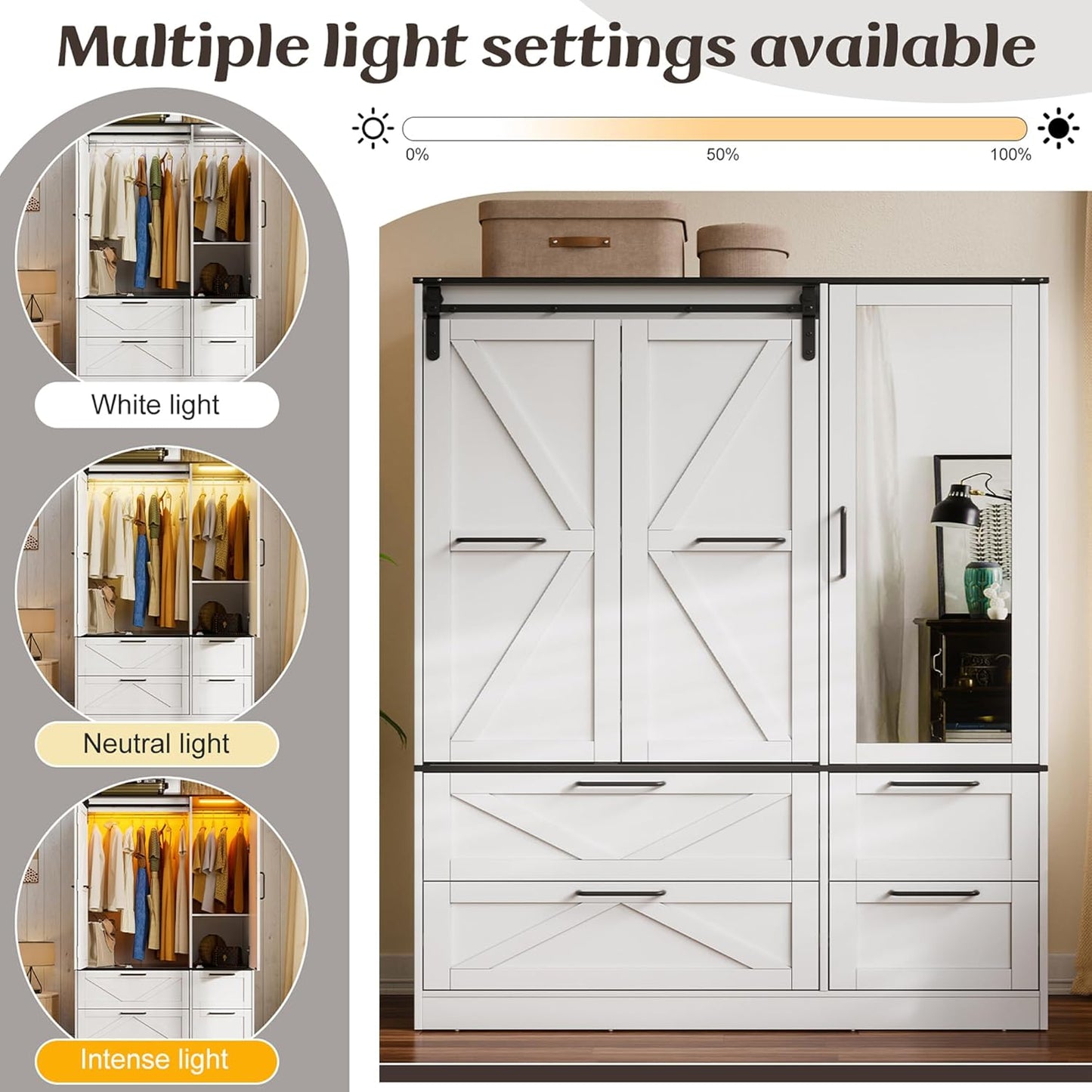 Armoire Wardrobe Closet with W/Folding Sliding Barn Door, Bedroom Armoires with Mirror and Sensor Lights, Hanging Rod, Wardrobe Closet for Bedroom (19.69" D X 47.24" W X 72.83" H)