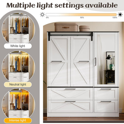 Armoire Wardrobe Closet with W/Folding Sliding Barn Door, Bedroom Armoires with Mirror and Sensor Lights, Hanging Rod, Wardrobe Closet for Bedroom (19.69" D X 47.24" W X 72.83" H)